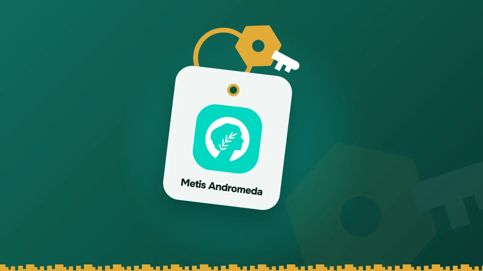Metis Andromeda logo on a Keylo key tag hanging from a brass key ring