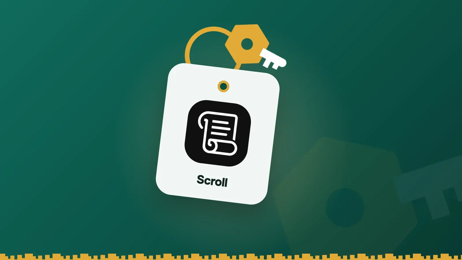Scroll logo on a Keylo key tag hanging from a brass key ring
