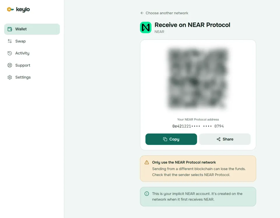 Keylo's Receive screen showing a NEAR implicit account address and QR code
