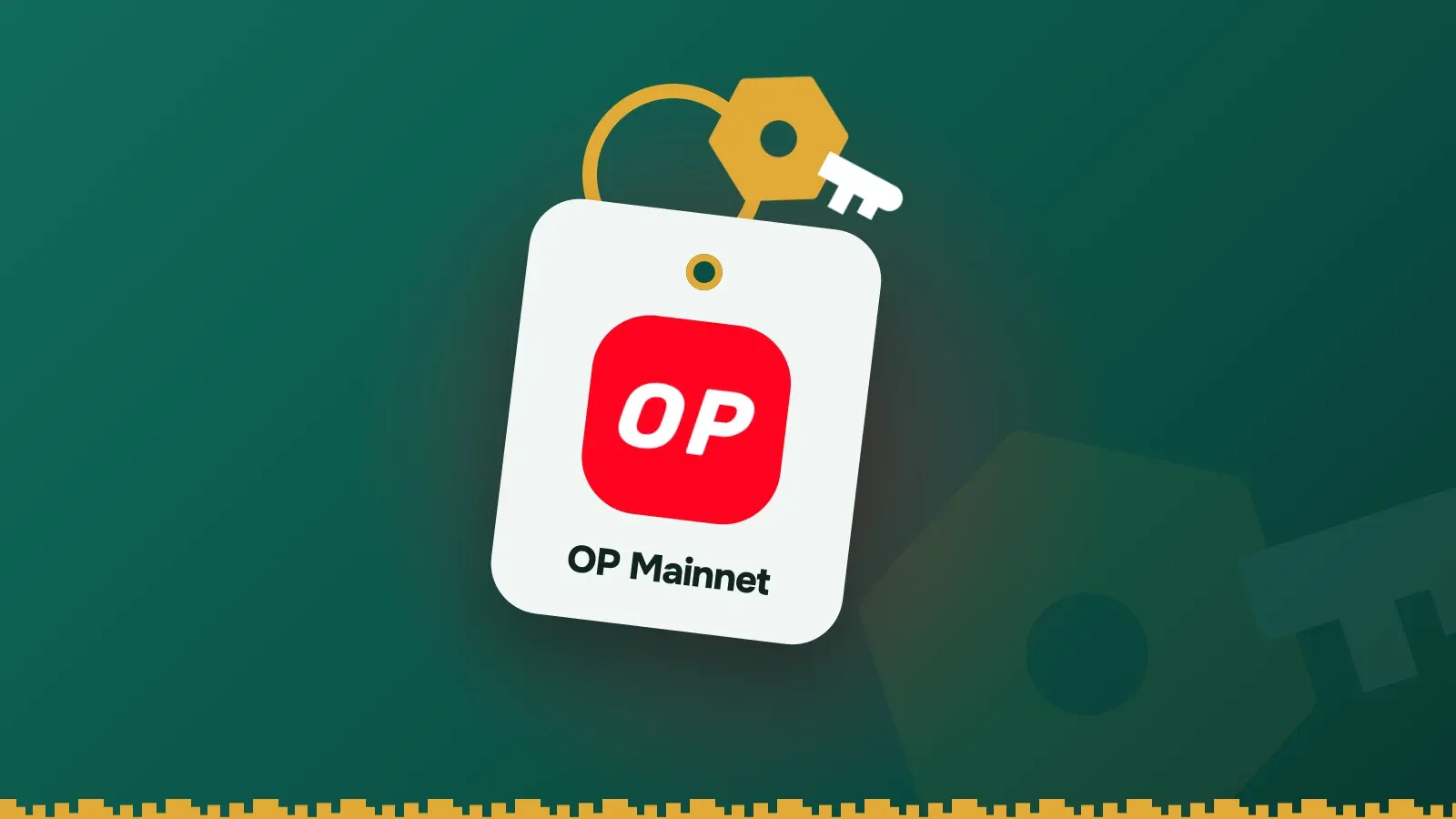 OP Mainnet logo on a Keylo key tag hanging from a brass key ring