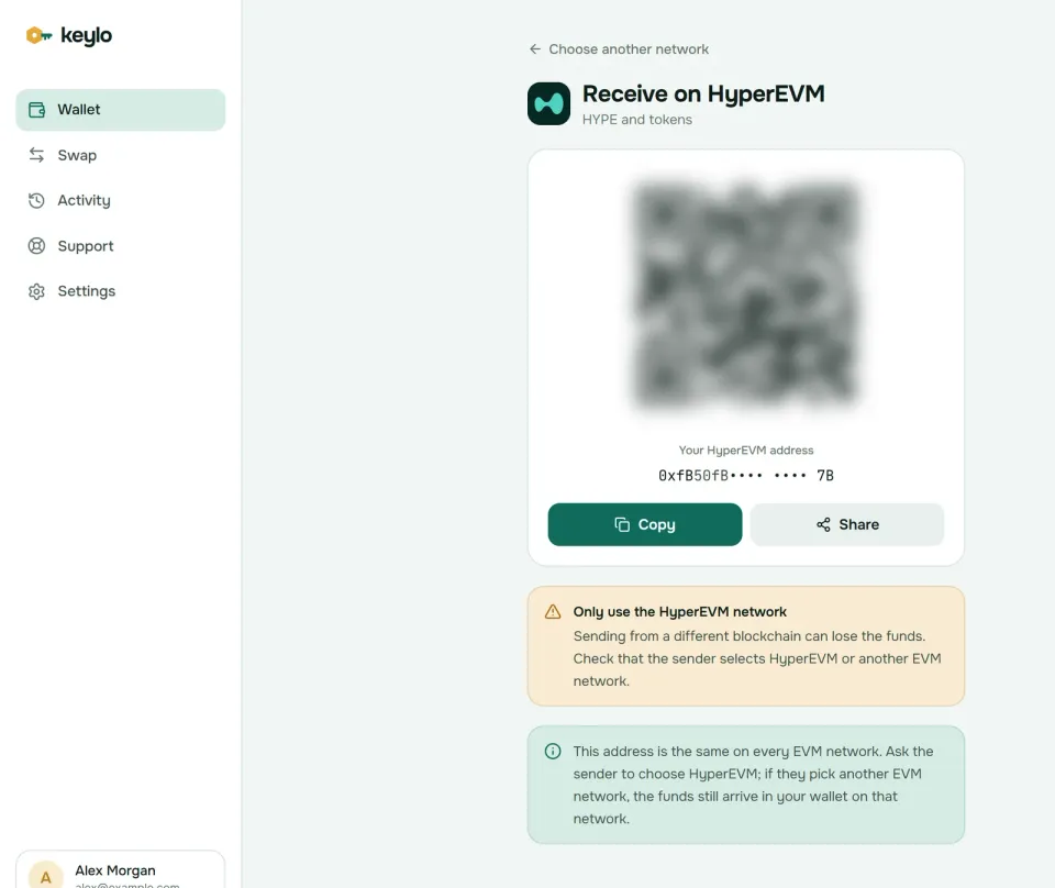 Keylo's Receive screen showing a HyperEVM address and QR code
