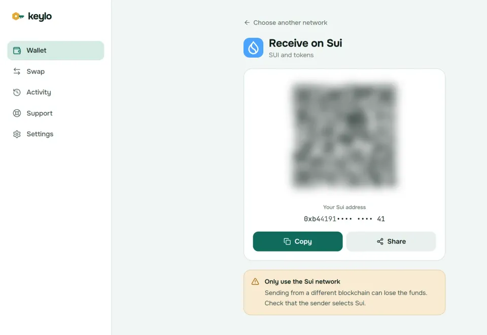 Keylo's Receive screen showing a Sui address and QR code