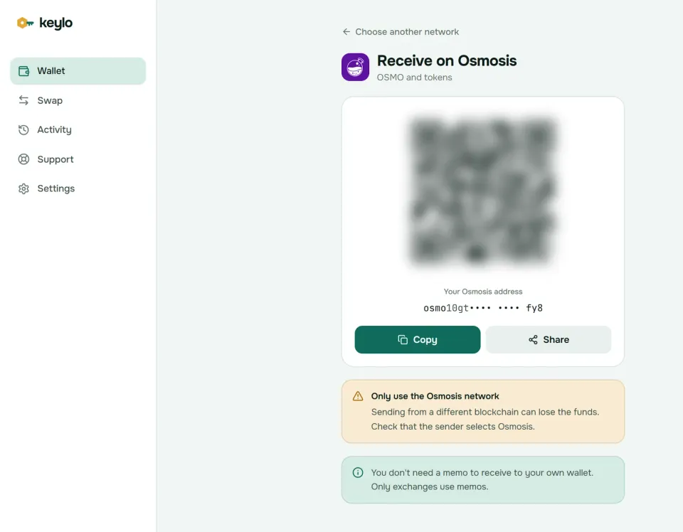Keylo's Receive screen showing an Osmosis address and QR code