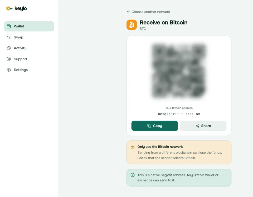 Keylo's Receive screen showing a Bitcoin bc1q address and QR code
