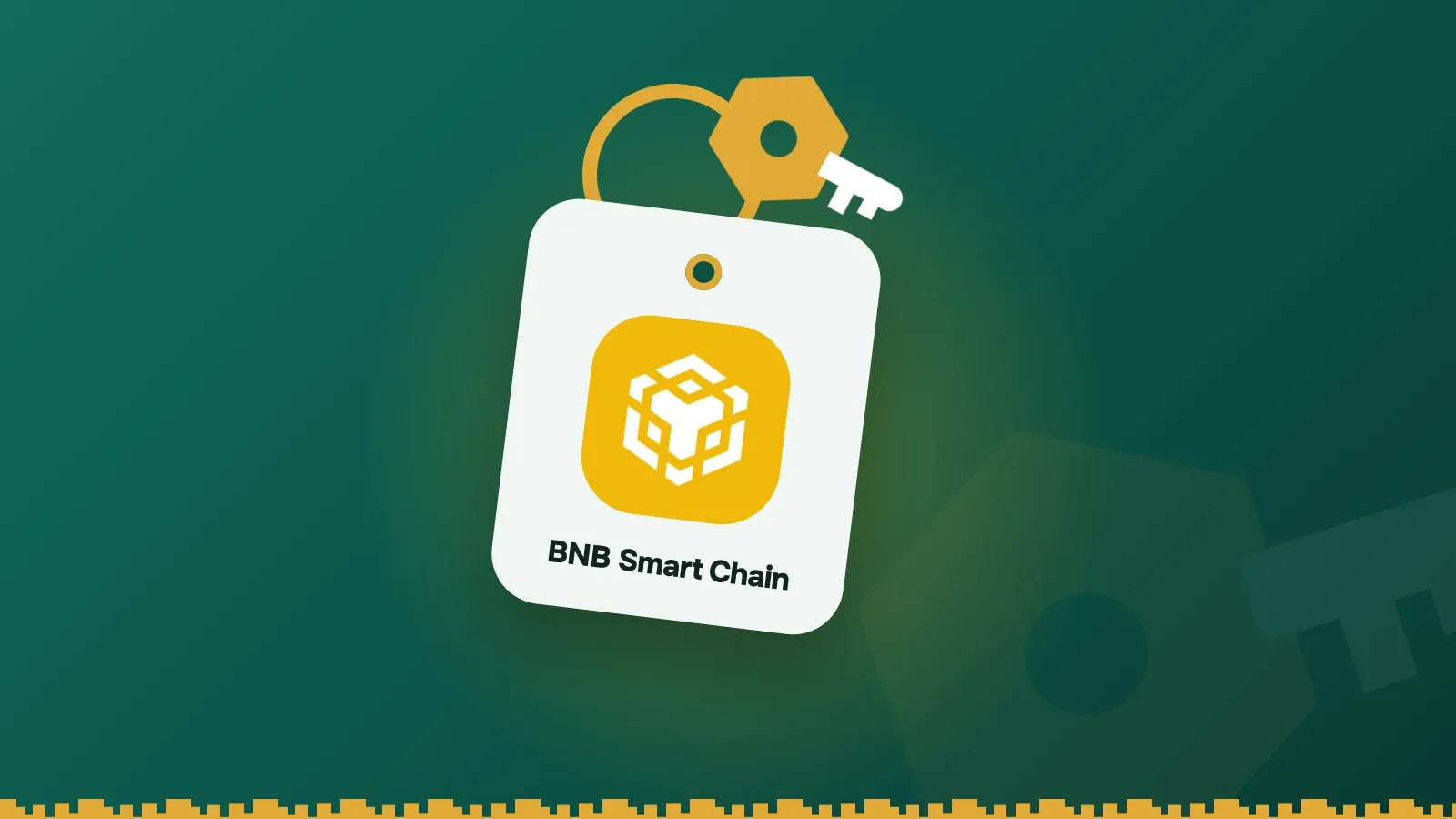 BNB Smart Chain logo on a Keylo key tag hanging from a brass key ring