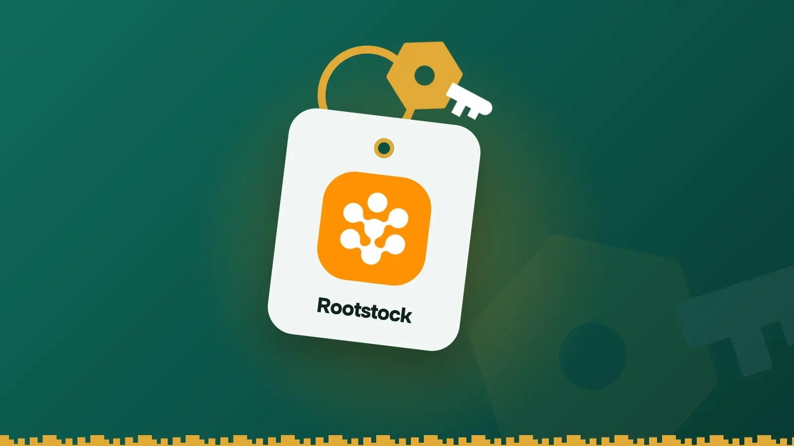 Rootstock logo on a Keylo key tag hanging from a brass key ring