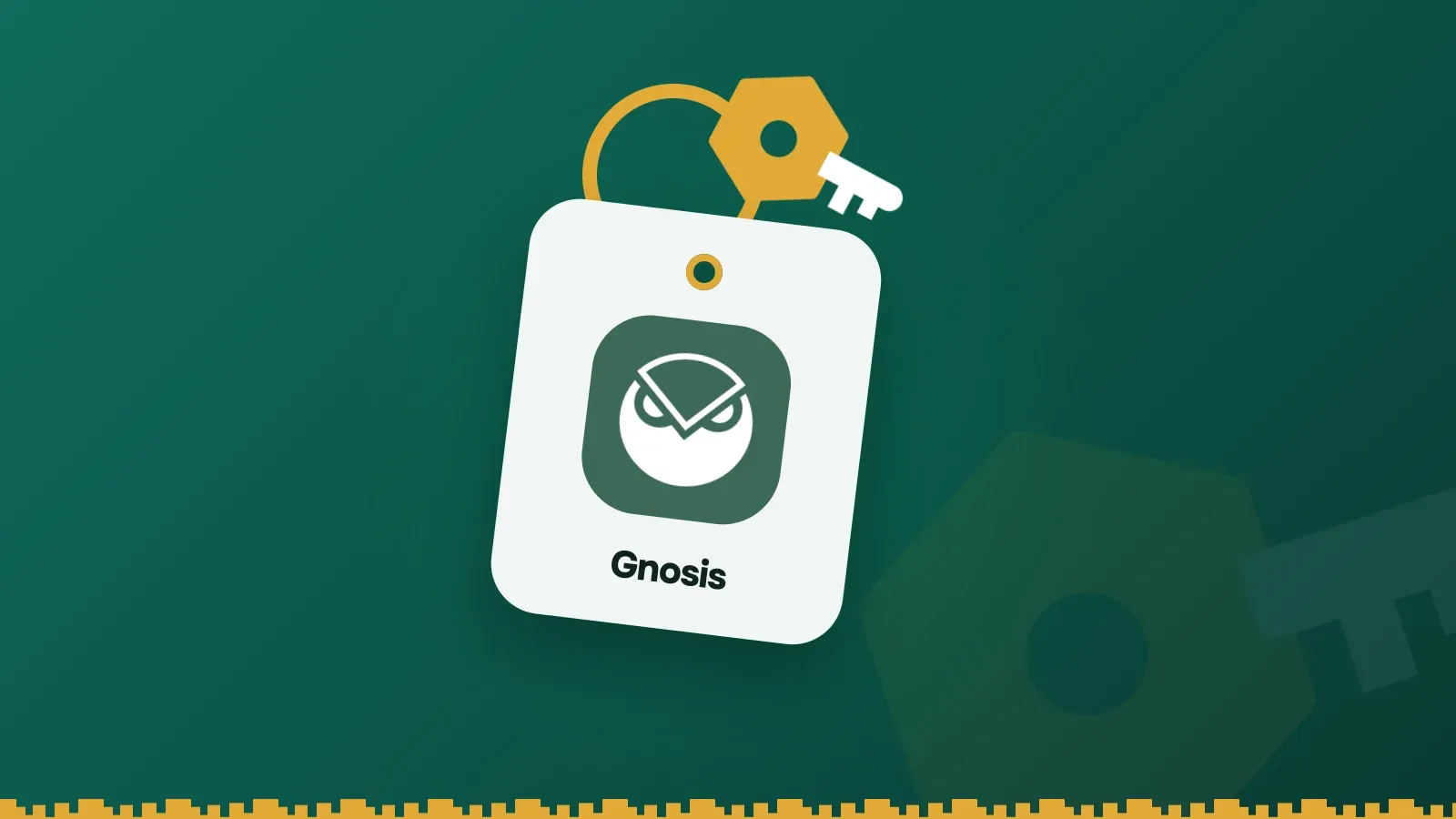 Gnosis logo on a Keylo key tag hanging from a brass key ring