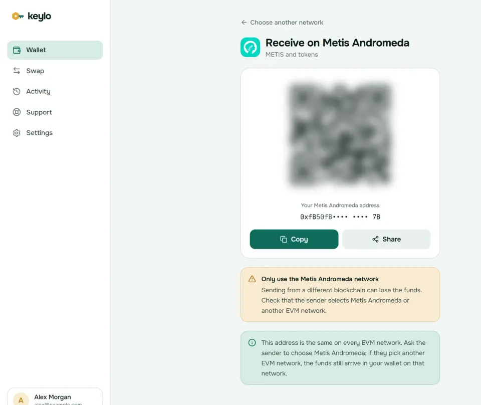 Keylo's Receive screen showing a Metis Andromeda address and QR code