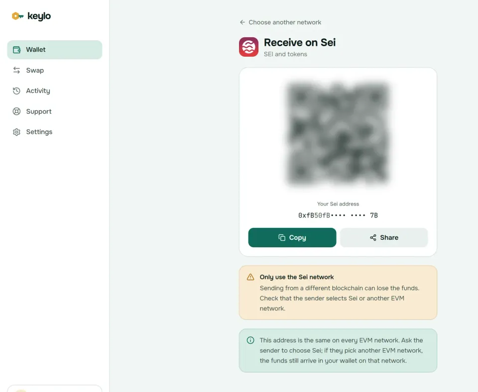 Keylo's Receive screen showing a Sei address and QR code