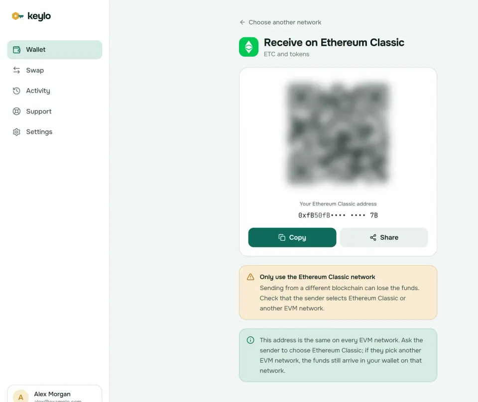 Keylo's Receive screen showing an Ethereum Classic address and QR code