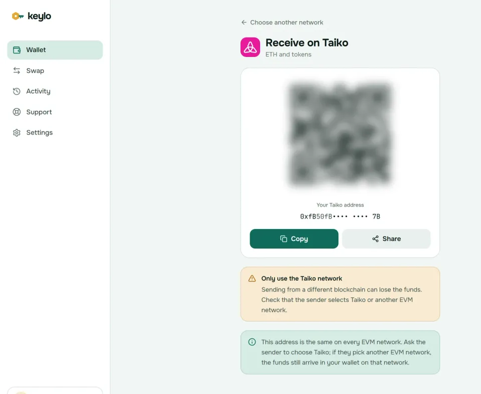 Keylo's Receive screen showing a Taiko address and QR code