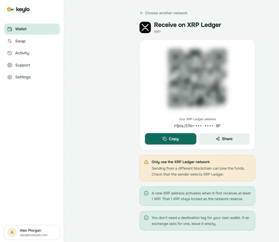 Keylo's Receive screen showing an XRP Ledger address and QR code