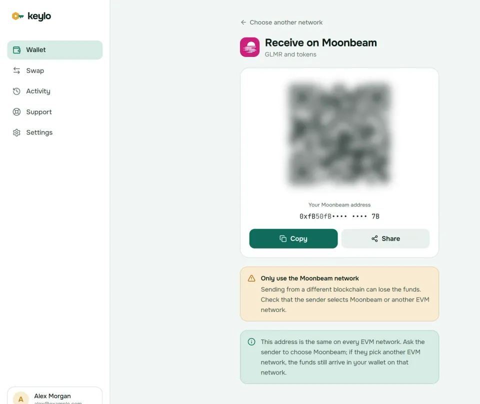Keylo's Receive screen showing a Moonbeam address and QR code