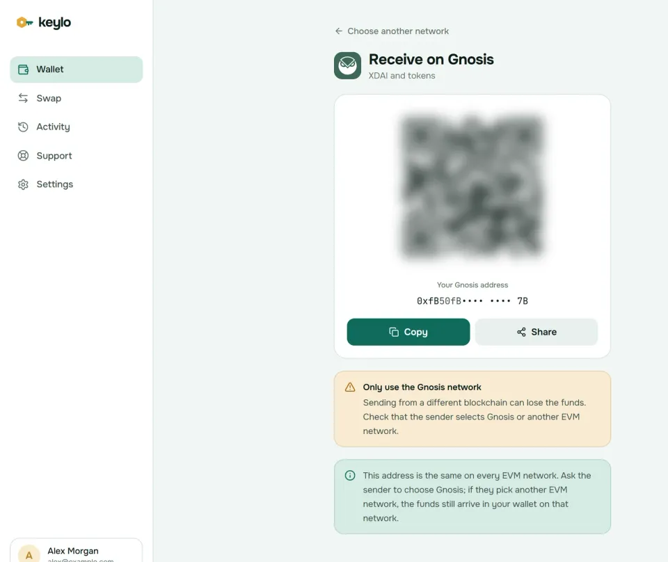 Keylo's Receive screen showing a Gnosis Chain address and QR code