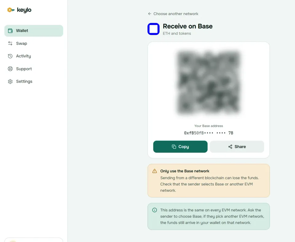 Keylo's Receive screen showing a Base address and QR code