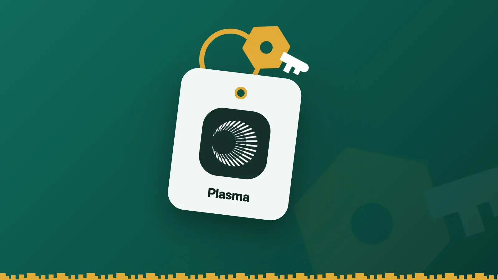 Plasma logo on a Keylo key tag hanging from a brass key ring
