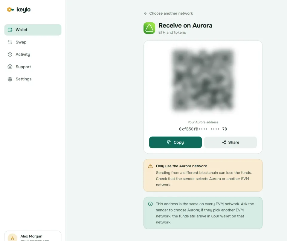 Keylo's Receive screen showing an Aurora address and QR code