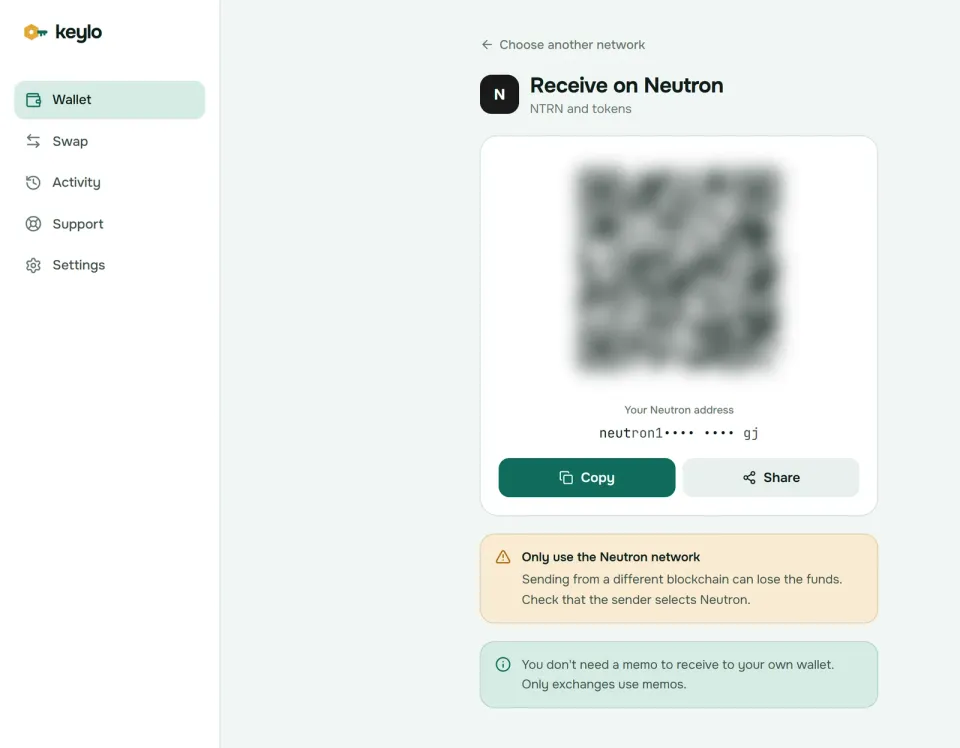 Keylo's Receive screen showing a Neutron address and QR code