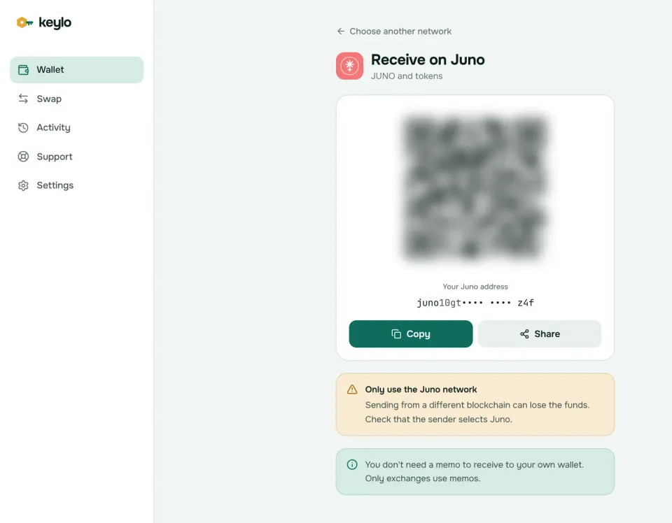 Keylo's Receive screen showing a Juno address and QR code