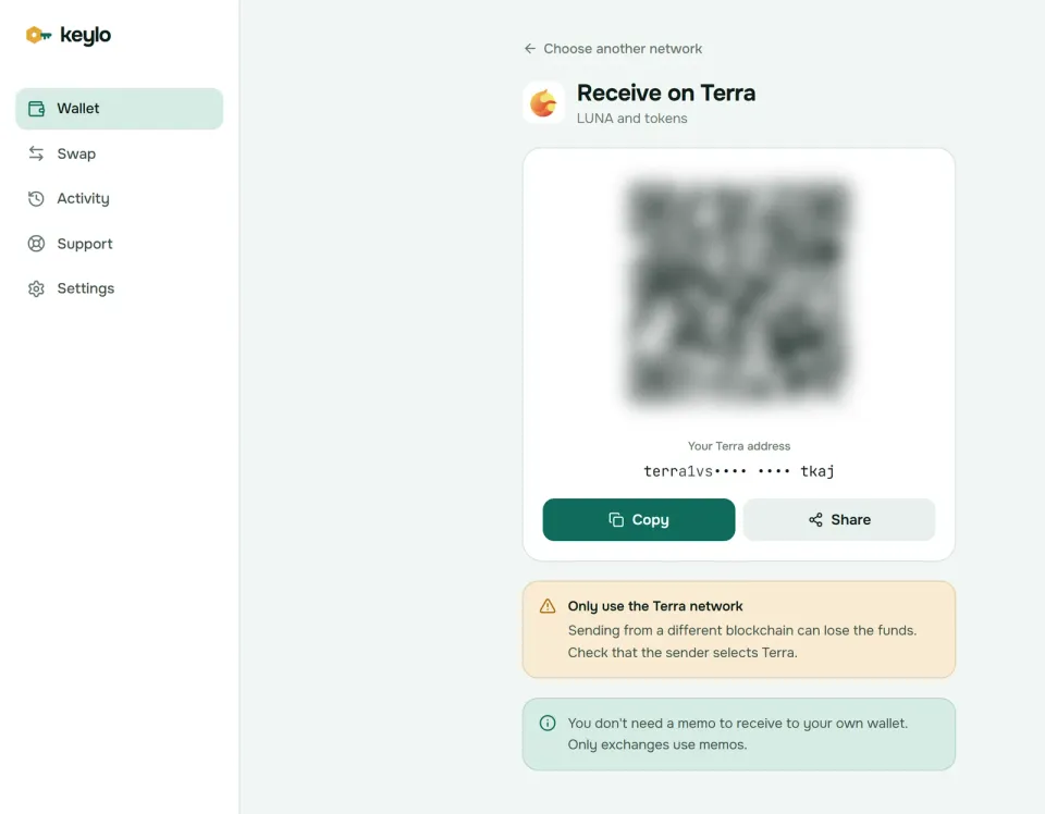 Keylo's Receive screen showing a Terra address and QR code