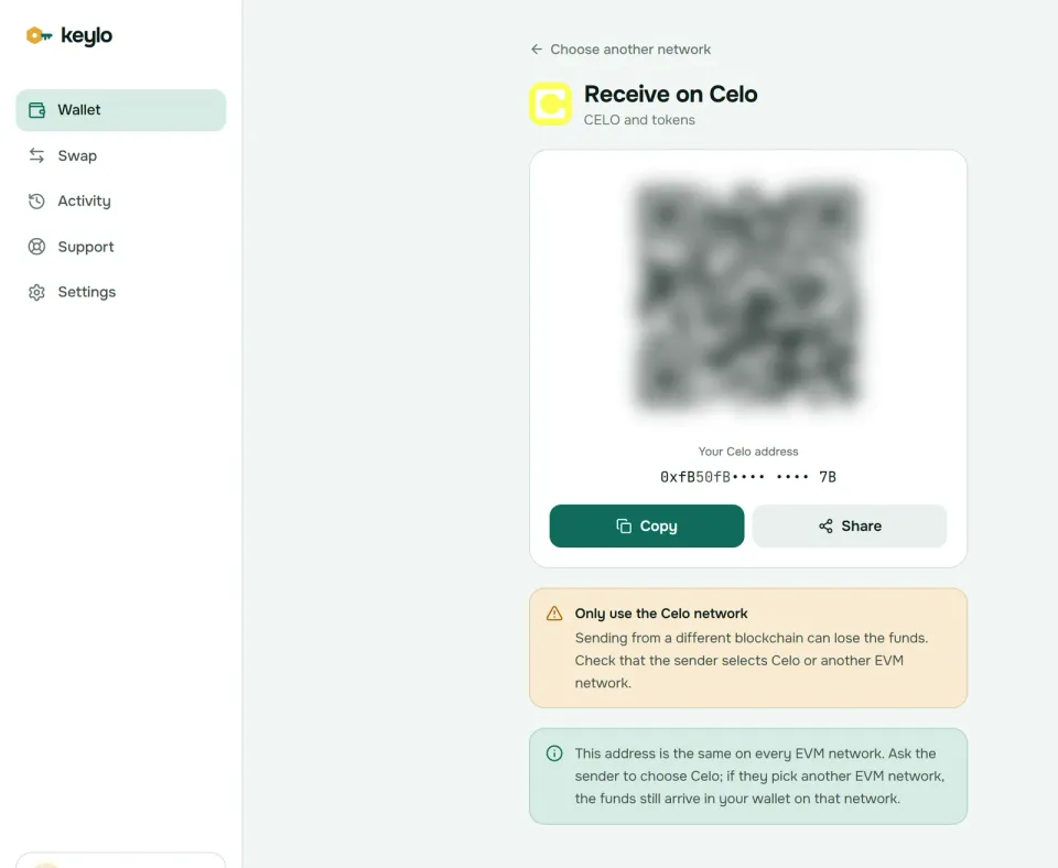 Keylo's Receive screen showing a Celo address and QR code