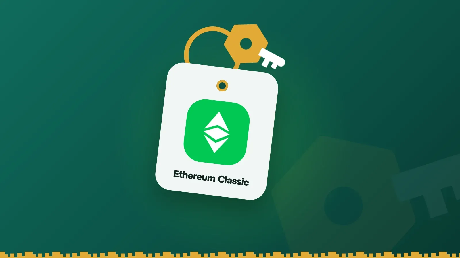 Ethereum Classic logo on a Keylo key tag hanging from a brass key ring