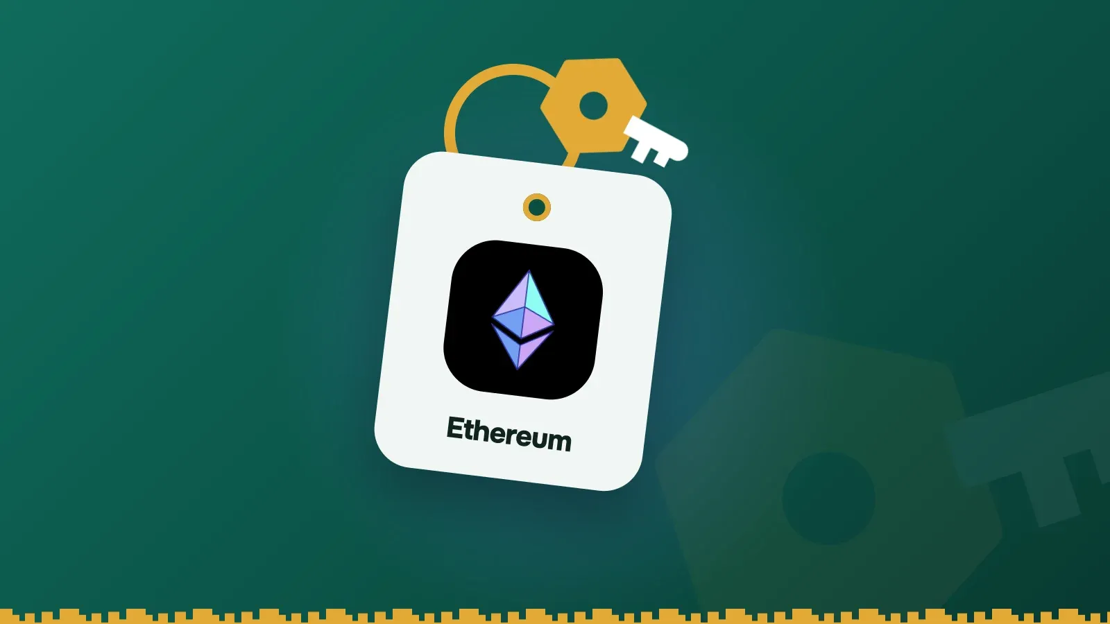 Ethereum logo on a Keylo key tag hanging from a brass key ring