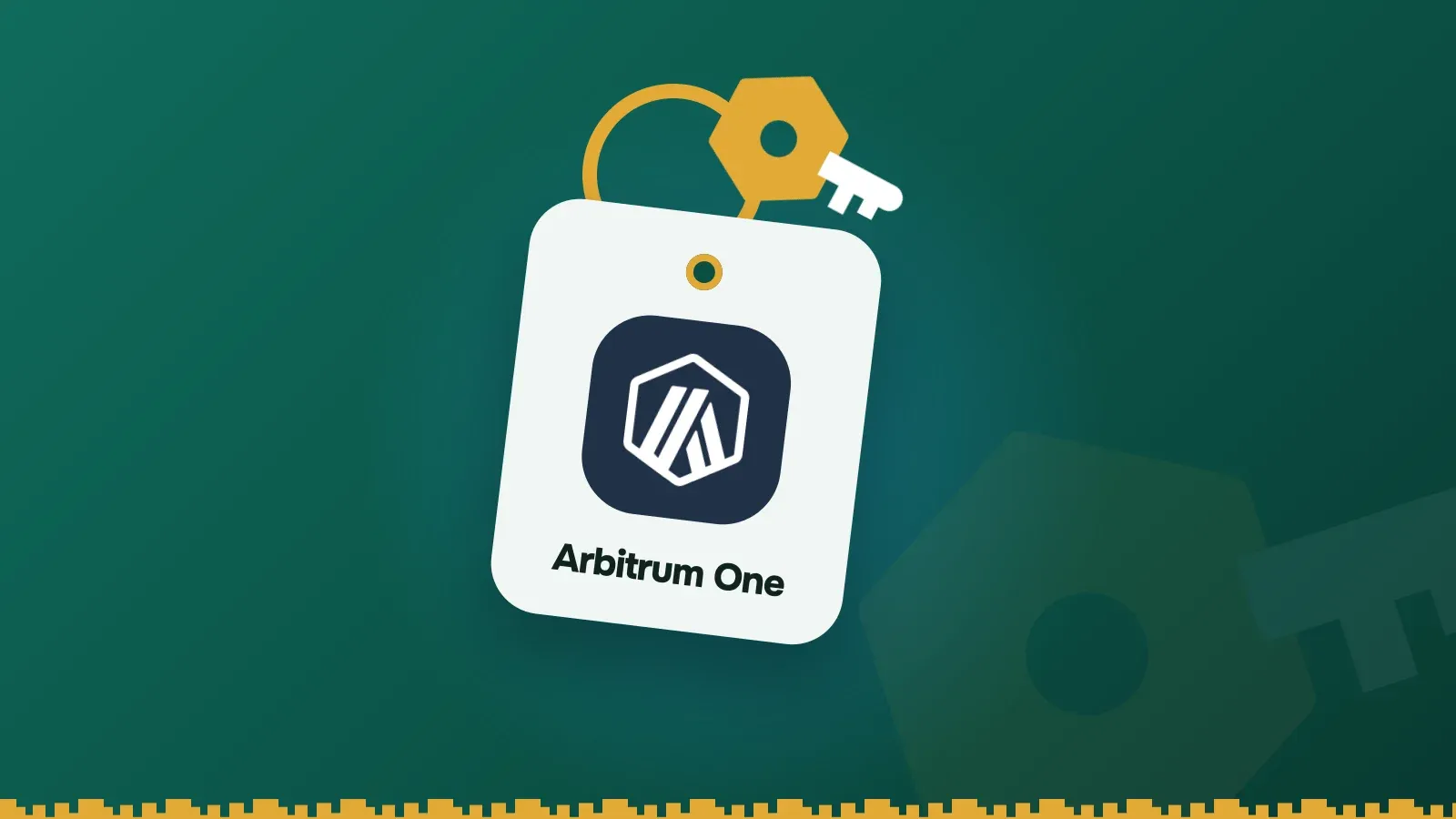 Arbitrum One logo on a Keylo key tag hanging from a brass key ring