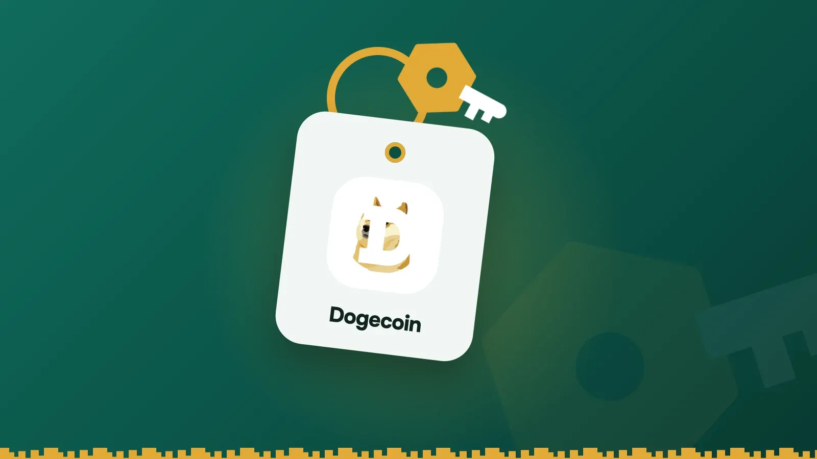 Dogecoin logo on a Keylo key tag hanging from a brass key ring