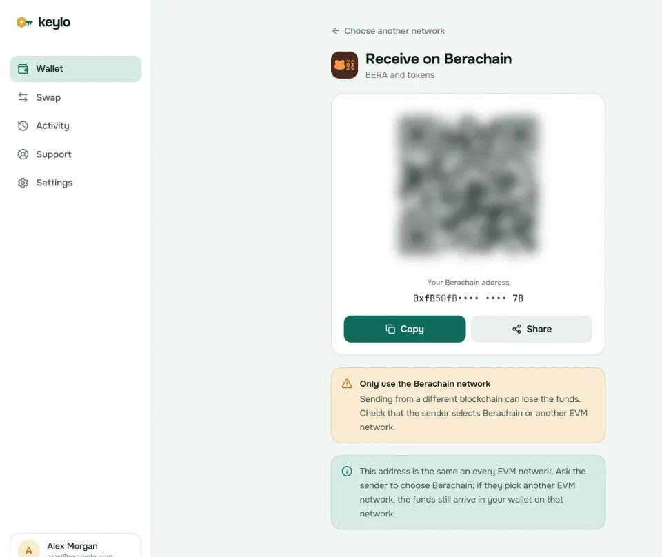 Keylo's Receive screen showing a Berachain address and QR code