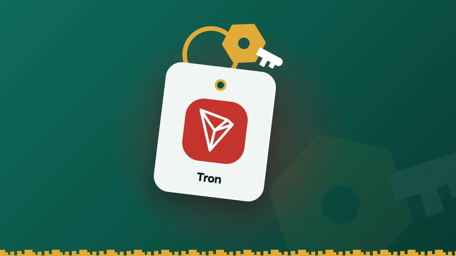 Tron logo on a Keylo key tag hanging from a brass key ring