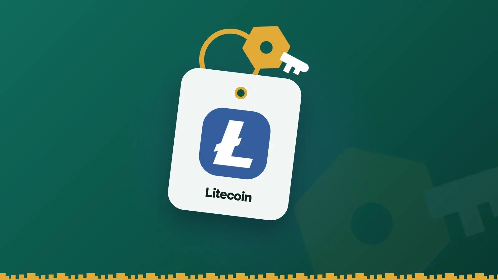 Litecoin logo on a Keylo key tag hanging from a brass key ring