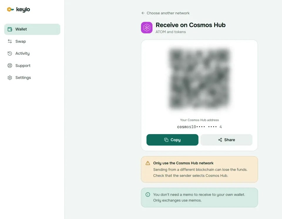 Keylo's Receive screen showing a Cosmos Hub address and QR code