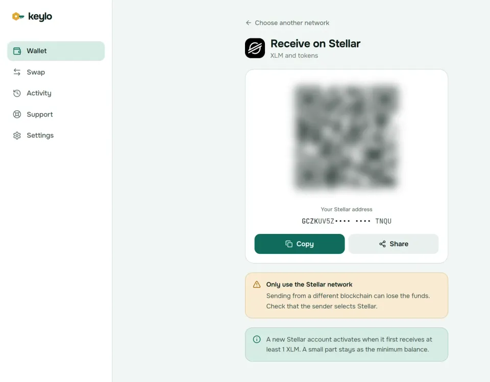 Keylo's Receive screen showing a Stellar address and QR code