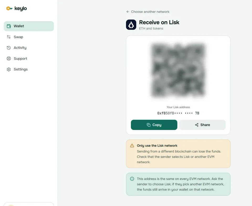 Keylo's Receive screen showing a Lisk address and QR code