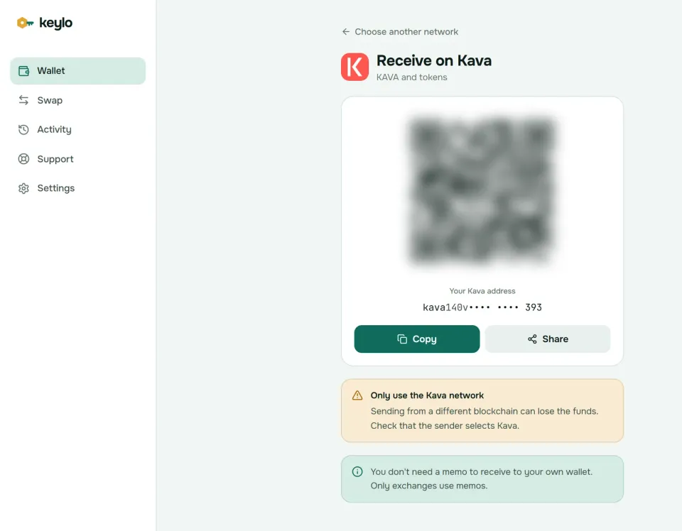 Keylo's Receive screen showing a Kava address and QR code