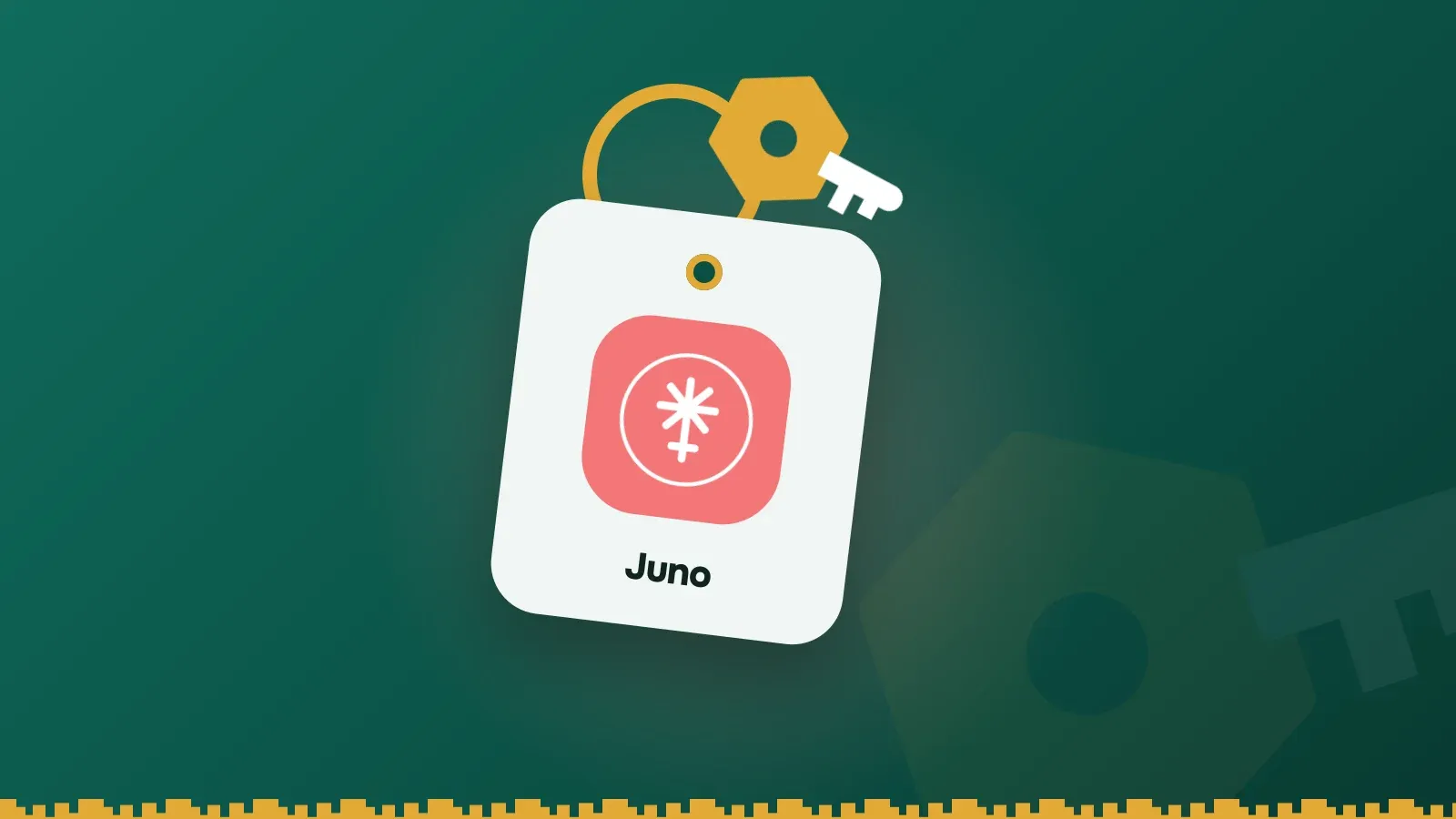 Juno logo on a Keylo key tag hanging from a brass key ring