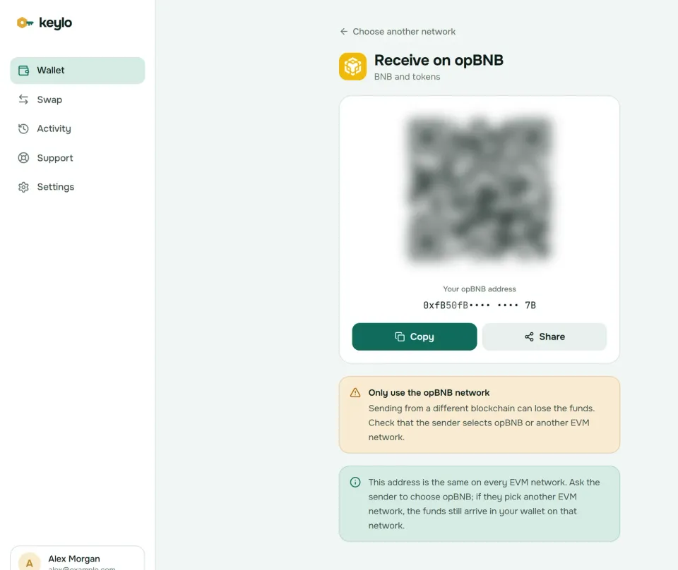 Keylo's Receive screen showing an opBNB address and QR code