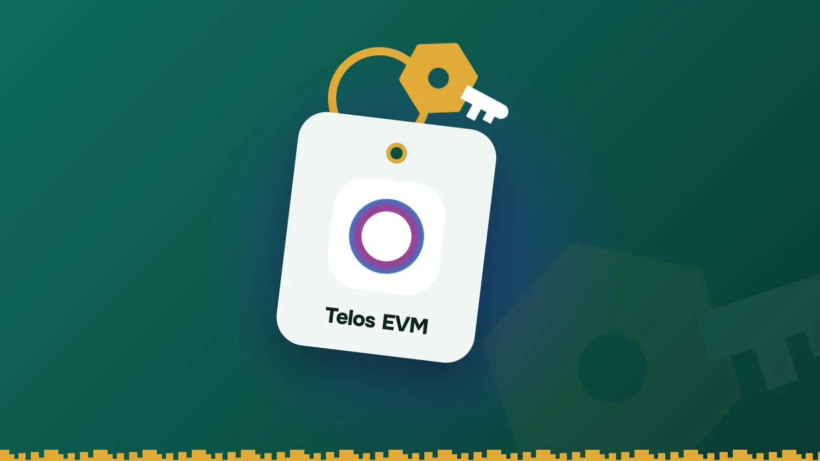 Telos EVM logo on a Keylo key tag hanging from a brass key ring