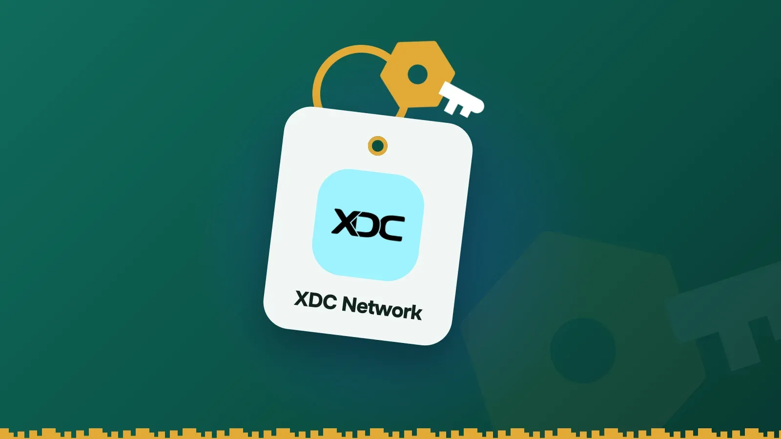XDC Network logo on a Keylo key tag hanging from a brass key ring